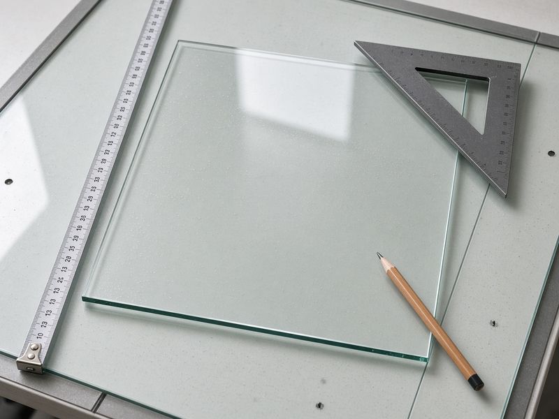 Clear glass panel cut to size on a cutting table with a tape measure