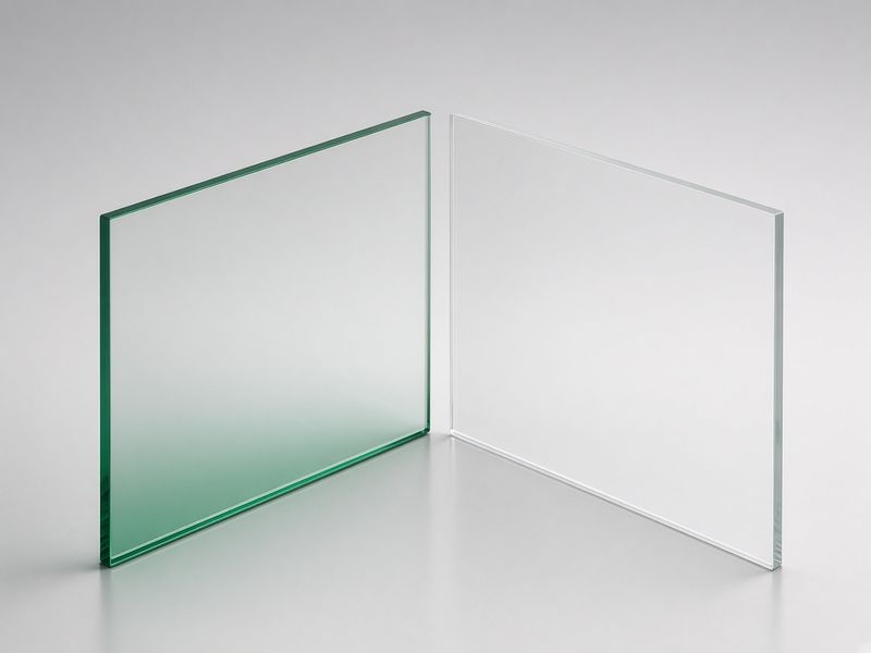 Standard clear glass with a green edge beside colourless low iron glass