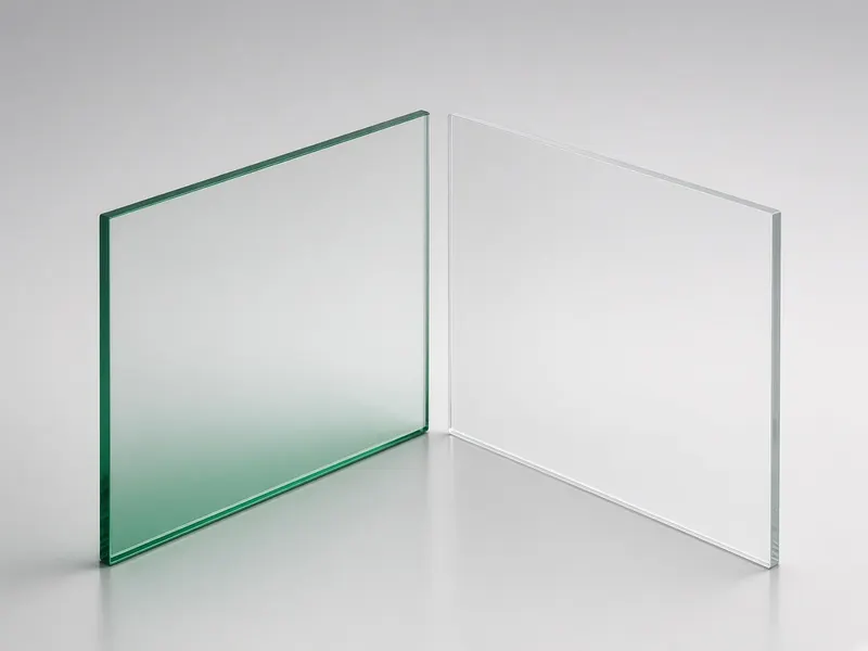 Standard clear glass with a green edge beside colourless low iron glass