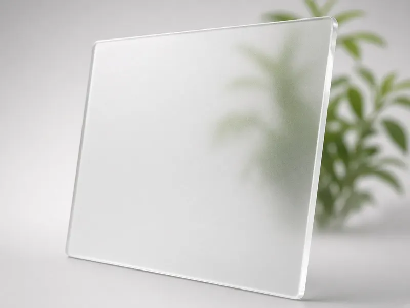 Satin frosted glass panel softly blurring a plant behind it