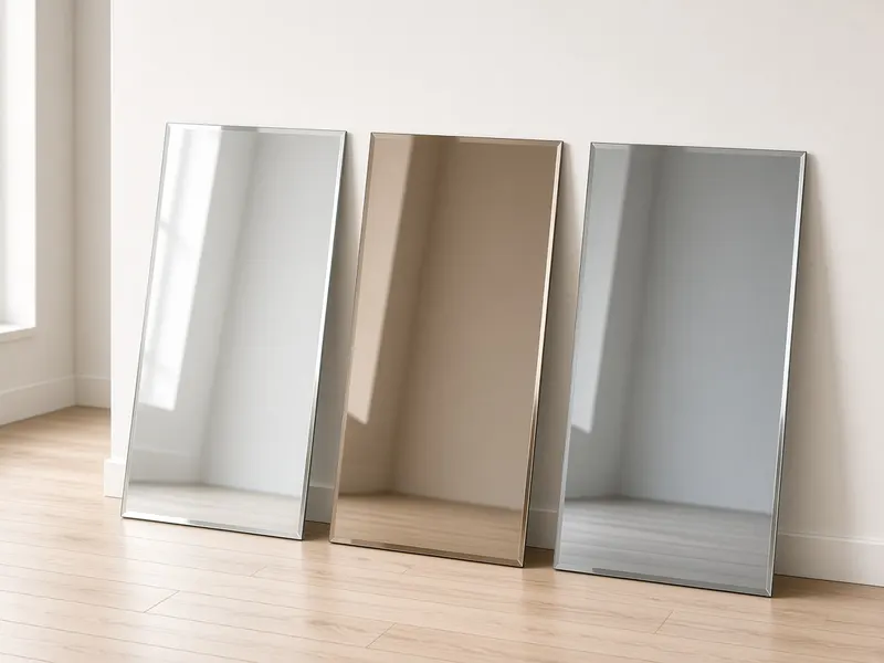 Silver, bronze and grey mirror panels leaning against a white wall