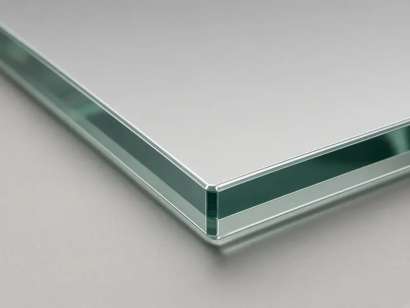 Corner of a thick toughened glass panel with a smooth polished edge