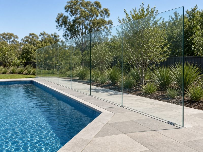 Frameless clear glass pool fence panels beside a pool in a sunny backyard